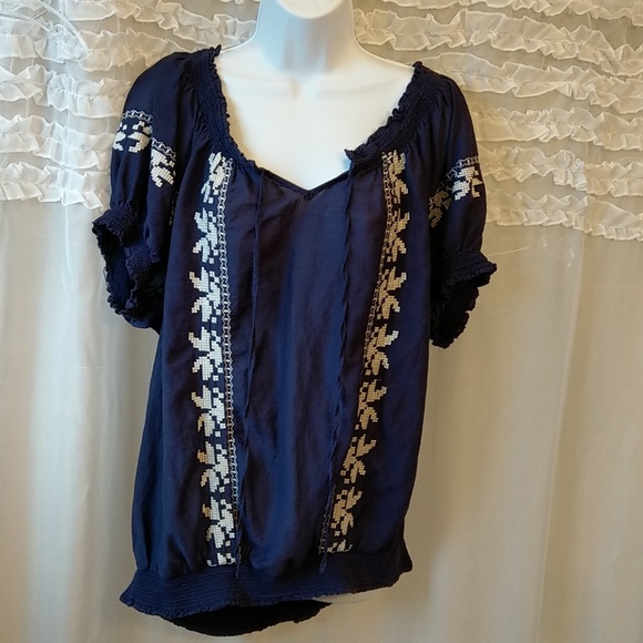torrid Tops - Torrid Blue Embroidered Peasant Boho Blouse Top